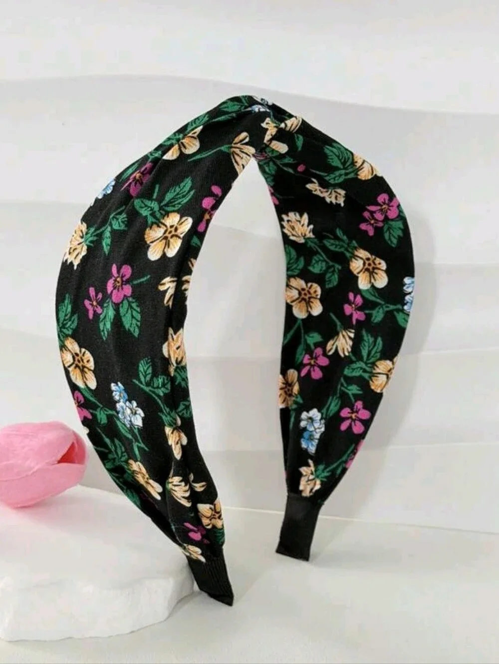 Floral Twist Wide Headband  - Black
